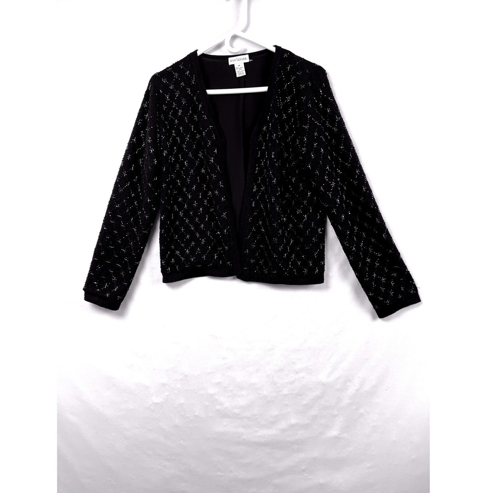 Ann Taylor Cardigan Sweater Womens Medium Black Beaded Merino Wool Vintage